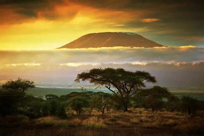Mount Kilimanjaro and clouds line at sunset