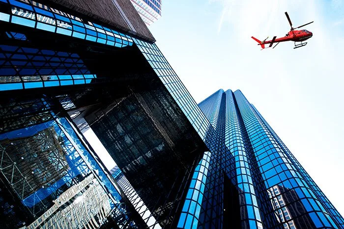 Helicopter tour over buildings in Boston